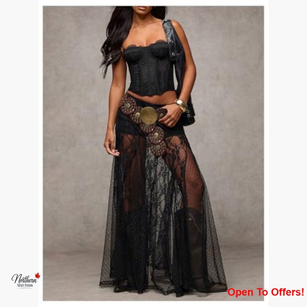 Sheer Lace Maxi Skirt Low Waist Ruffle Hem A Line Flowy - Picture 5 of 7